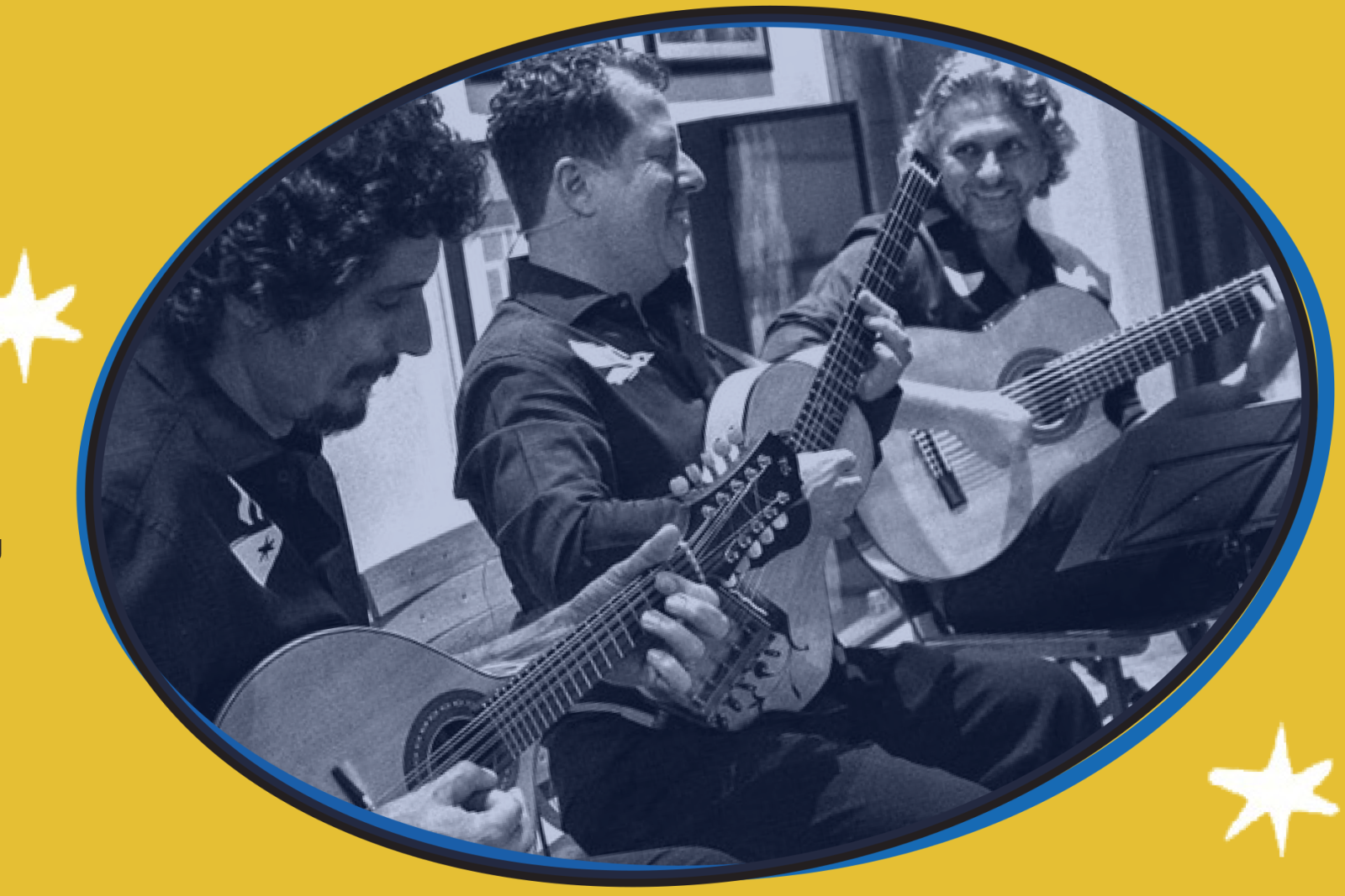 oval-framed black-and-white picture of the three-person musical group Cia Armorial
